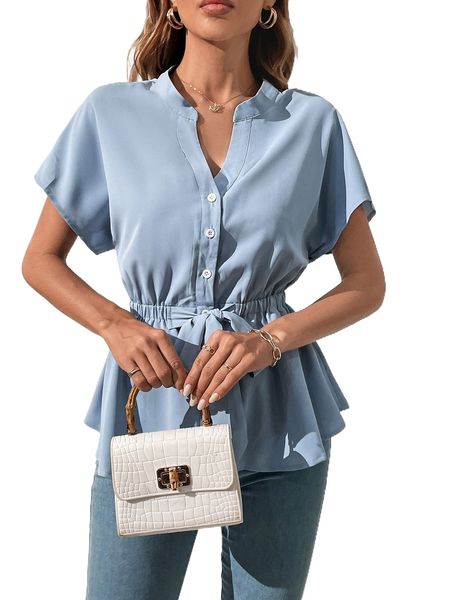 

batwing sleeve drawstring waist blouse f2hv#, White