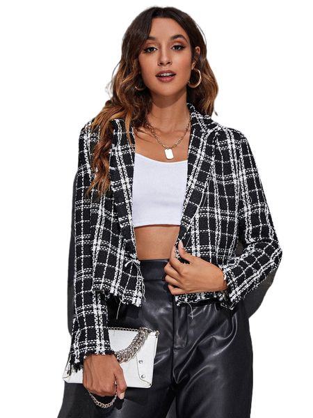 

open front raw cut plaid tweed jacket d62r#, Black;brown