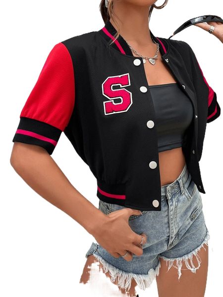 

letter patched detail colorblock striped trim bomber jacket t895#, Black;brown