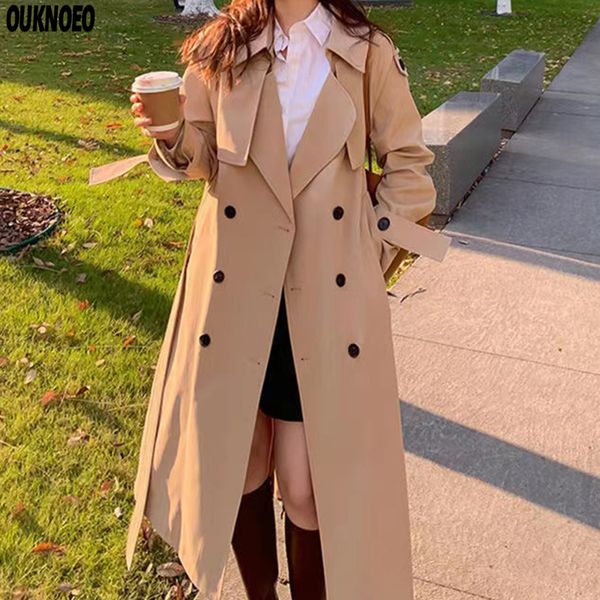 Primavera donna lungo trench moda coreano streetwear kaki cappotto allentato casual elegante cintura di lusso sottile giacca a vento impermeabile L220725