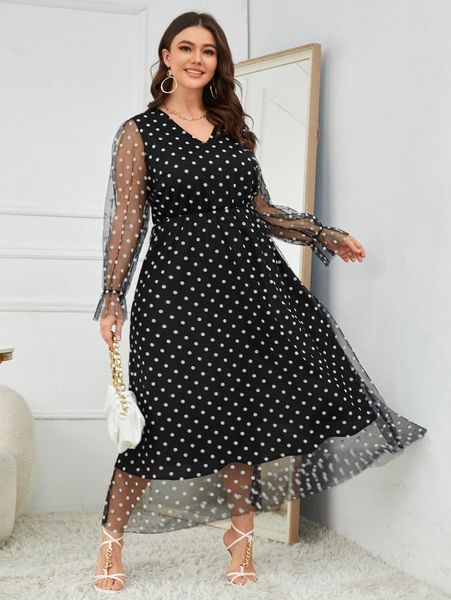 

plus dobby mesh overlay flounce sleeve dress m2ck#, Black