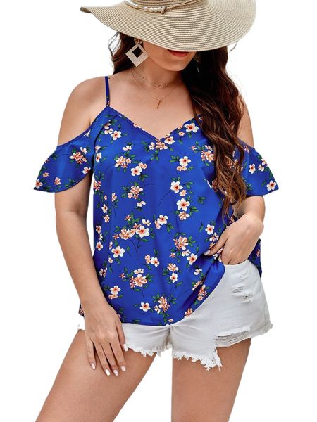 

plus floral print cold shoulder blouse 54s7#, Black