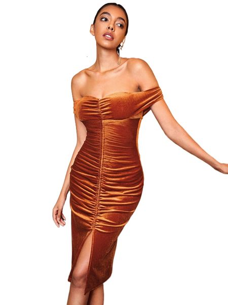 

off shoulder ruched split thigh velvet dress x5su#, Black;gray