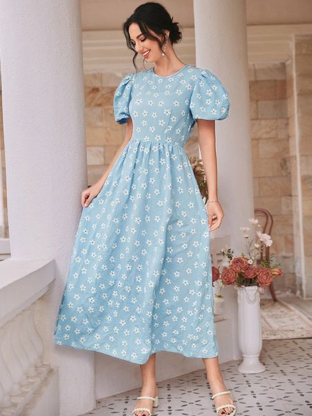 

allover floral print puff sleeve dress r8sf#, Black;gray