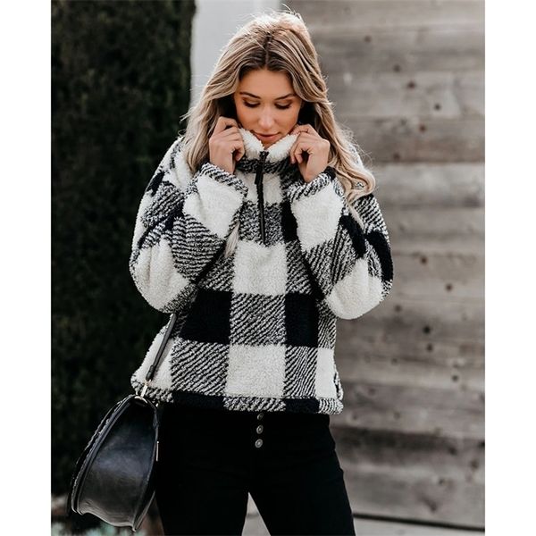 

european american fashion autumn winter style thickened stand-up collar sweater women long-sleeved loose wild plaid lj201130, Black