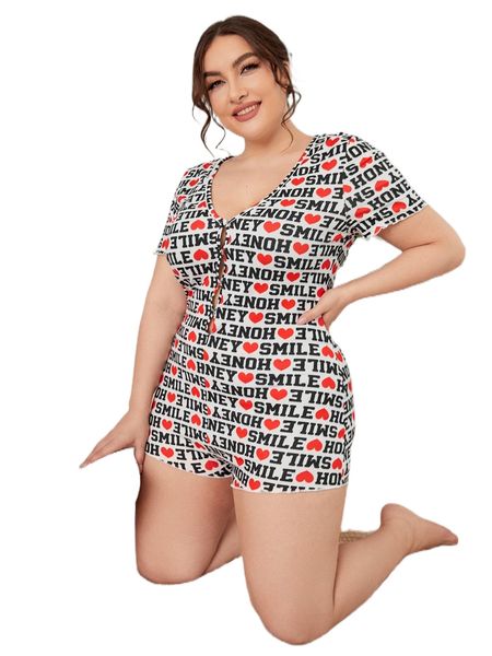 

plus letter & heart print sleep romper t97p#, Black;white