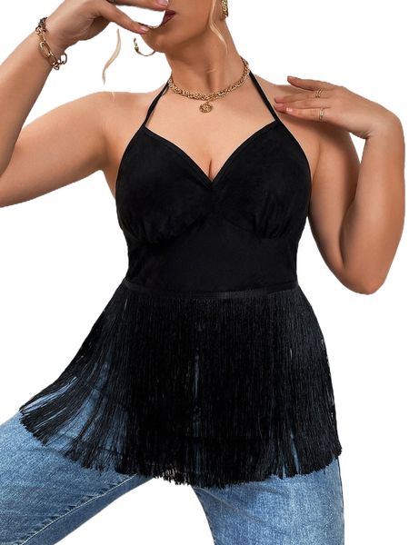 

plus fringe hem lace up backless halter r1wn#, Black