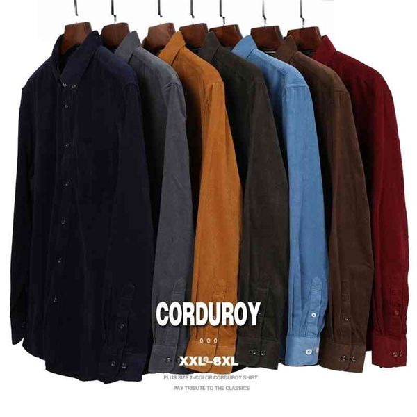 

7 colors men's corduroy long sleeve shirt business fashion casual loose shirt male brand clothes plus size 5xl 6xl 7xl 8xl 210331, White;black