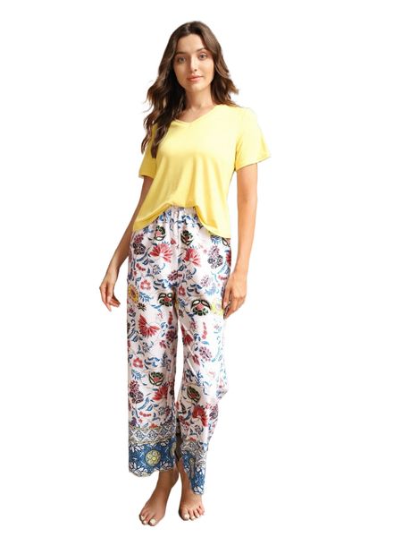 

tee & floral print pants pj set k1wk#, Black;red