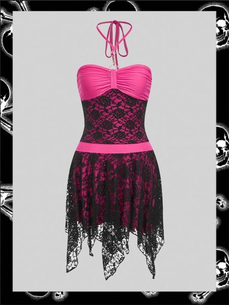 

contrast lace chain detail halter dress u5x7#, Black;gray