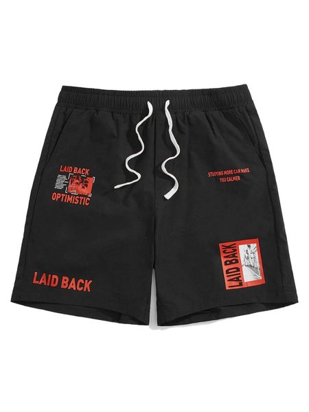 

men drawstring waist slogan and graphic print shorts d5g6#, White;black