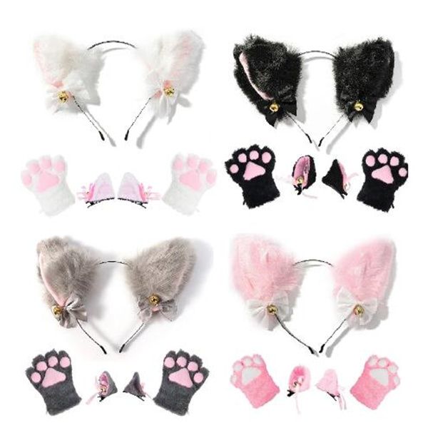 4 pz / set Lovely Cat Ear Hair Wear Set Artiglio Guanti Ragazze Anime Costume Cosplay Peluche Cat Fur Ear Hairband Night Party Club Fasce GC1316