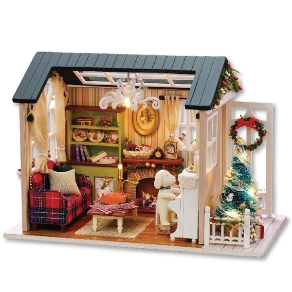 Diy Doll House Miniature Dollhouse с мебелью деревянные дома Miniaturas Toys for Kids Год рождественский дом подарок Z LJ201126