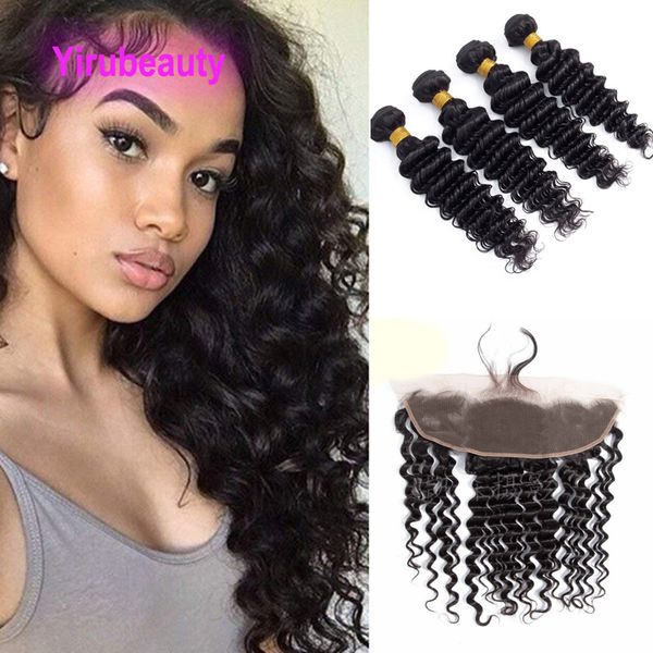 

indian human hair virgin deep wave 5 pcs double wefts with 13x4 lace frontal baby hairs natural color 10-28inch, Black;brown
