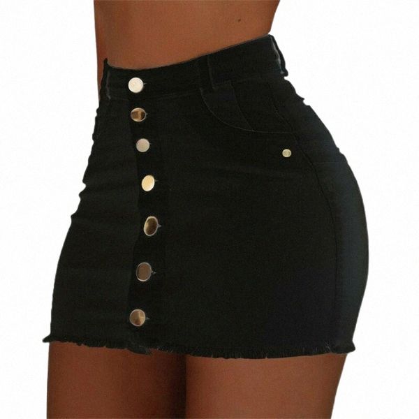

skirts 2022 fashion women's buttons pencil denim mini skirt lady high waist casual short plus size y0uo#, Black