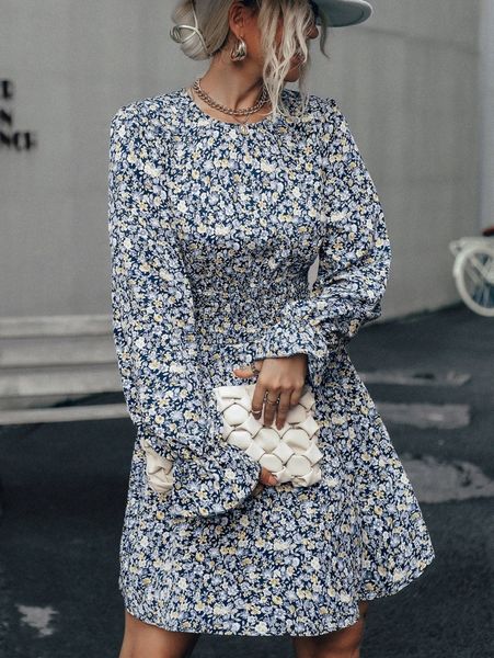 

allover floral print shirred flounce sleeve dress h1py#, Black;gray