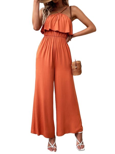 

fold ruffle trim wide leg halter jumpsuit 80xw#, Black;white