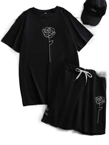 

men rose print tee & drawstring shorts 81ix#, Gray