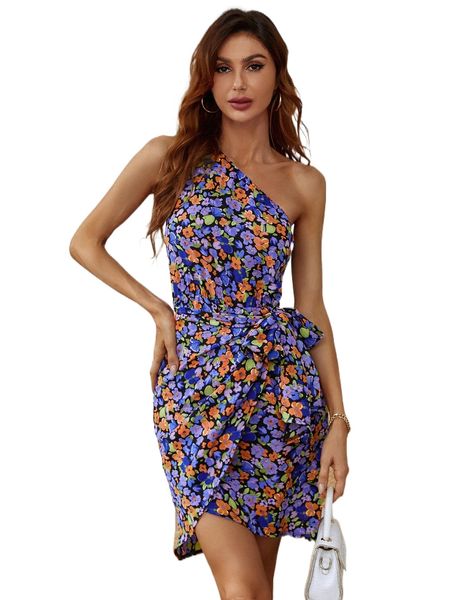 

allover floral print one shoulder knot front dress 87su#, Black;gray