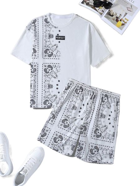 

men letter & paisley scarf print tee & drawstring waist shorts g47e#, Gray
