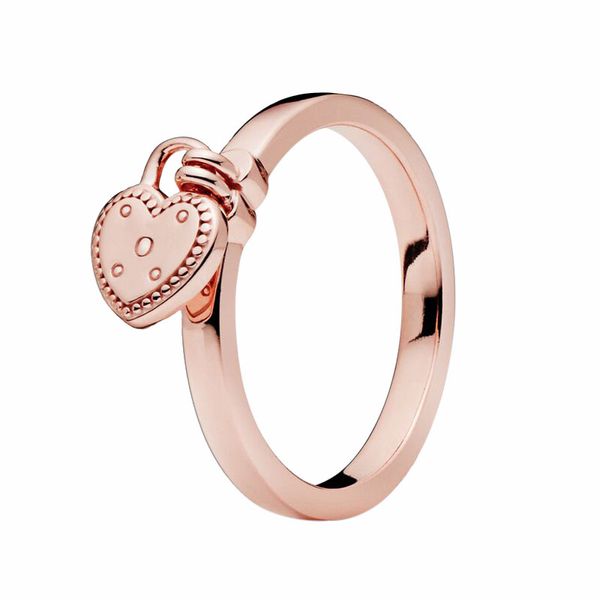 Rosévergoldeter herzförmiger Vorhängeschloss-RING aus 925er Sterlingsilber für Damen und Mädchen, Designer-Schmuck. Originalverpackung für Pandora-Ringe