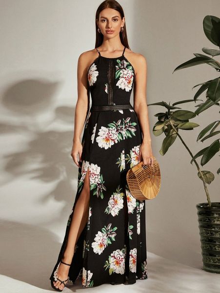 

lace trim tie back split thigh floral dress n0qg#, Black;gray