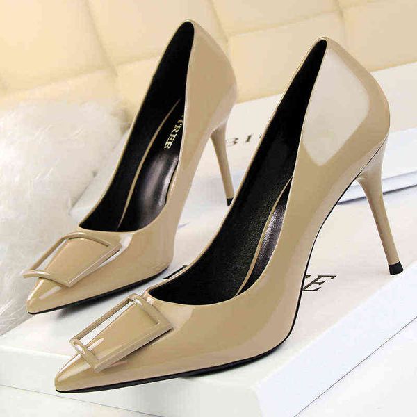 

bigtree shoes square buckle classic pumps occupation ol high heels office patent leather women stiletto 9cm 220531, Black
