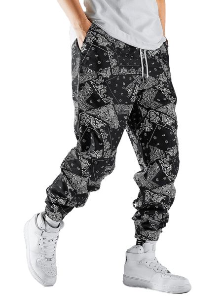 

men random paisley scarf print drawstring waist pants n4jt#, Black