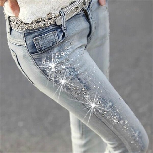 

women diamond drilled hole jeans woman pencil pants women jeans ripped denim trousers with rhinestone denim pants woman 210319, Blue