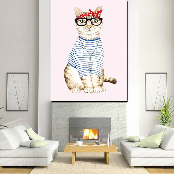 Stampa HD astratta Cat Dress Up Cut Girl Pittura a olio animale su tela Pop Art Immagine della parete per soggiorno Divano Cuadros Decor