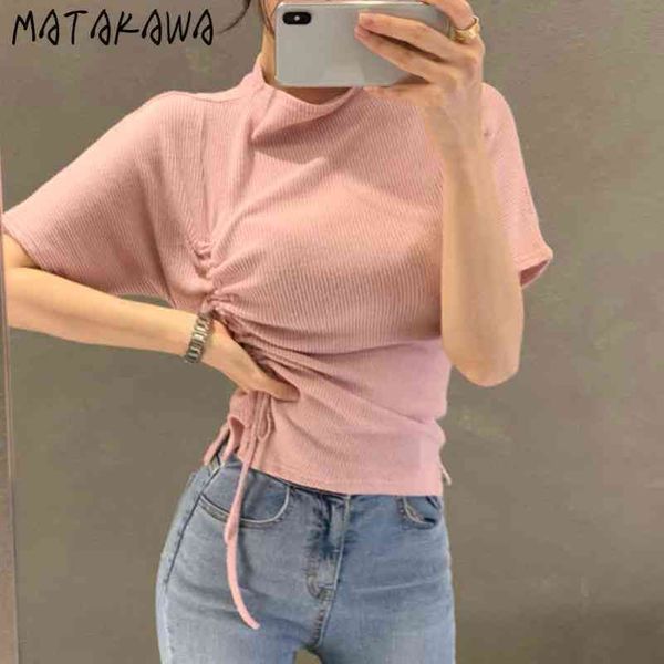 

elegant round neck t shirt side pleated drawstring waist shortsleeved woman tshirts korea chic spring and summer knitted 210506, White