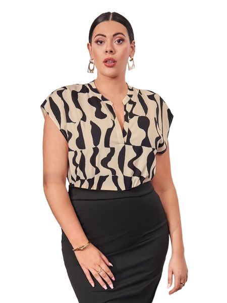

plus allover print dolman sleeve popover blouse j9gf#, Black