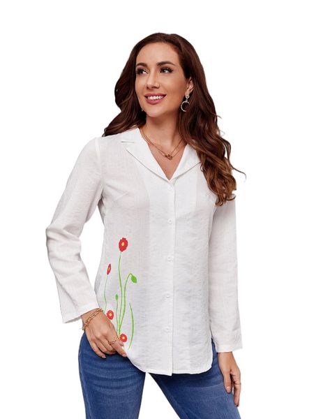 

emery rose floral print button front lapel neck blouse s8fj#, White