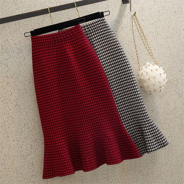 

knitted fishtail skirt half skirt autumn winter womens high waist medium length style thin plaid aline ruffled hip skirt 210319, Black
