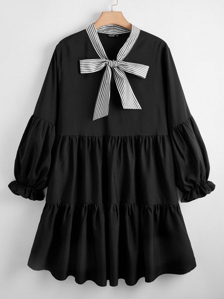 

plus striped tie neck smock dress k49o#, Black
