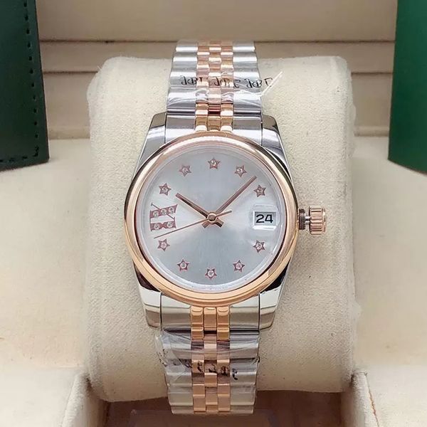 

women's automatic mechanical wristwatch fashion ladies 31mm stainless steel folding buckle watch pentacle face waterproof watches, Slivery;brown