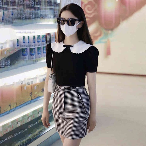 

t-shirts cotton short sleeve black t-shirt bow doll collar embroidered lace short women's 2022 summer new outlet_ksgd, White