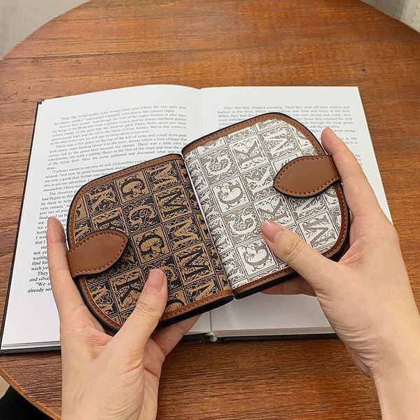 

designer leather card cc wallet womens mens lovers short retro printed half round small new versatile student card bag fashion mini zero wal, Red;black