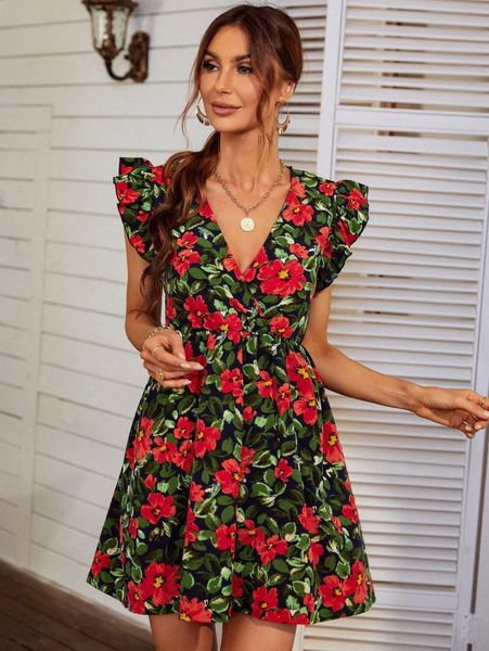 

allover floral print ruffle trim dress h9qu#, Black;gray