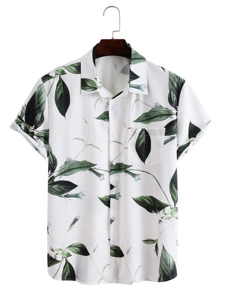 

men random floral & leaf print patched pocket shirt g0on#, White;black