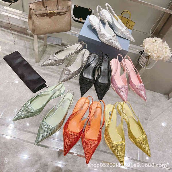 

sandals gaoding style temperament high-heeled shoes triangle buckle full drill pointed cat back trip belt sandals women's thin, Black