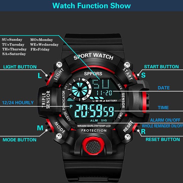 Orologio sportivo multifunzionale alla moda Orologi digitali a LED per uomo Data Calendario Settimana Allarme Cinturino in TPU Orologio da polso