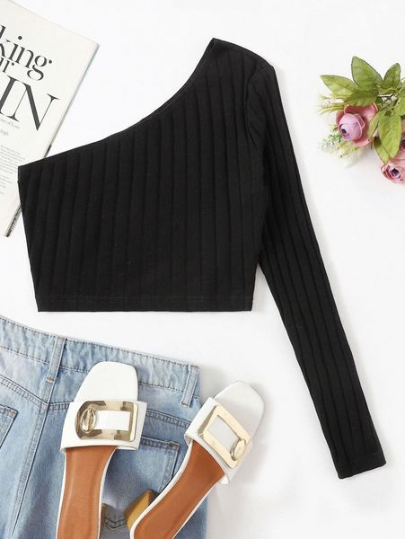 

one shoulder rib-knit crop n9mj#, White