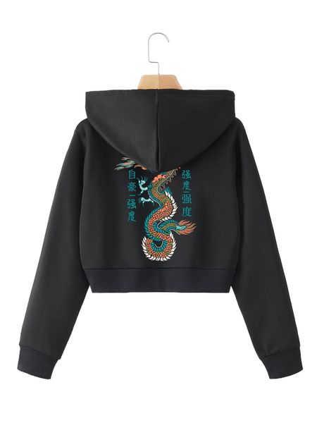 

chinese character and dragon graphic zip up thermal lined drawstring crop hoodie n3nx#, Black