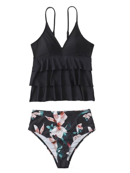 

random floral print layered hem hipster bikini swimsuit n9ll#, White;black