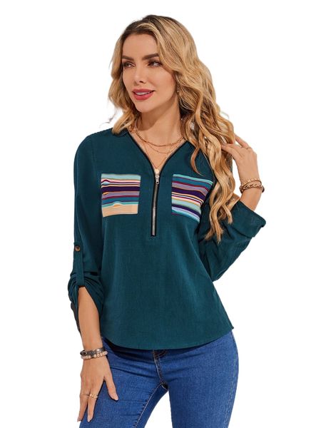 

emery rose contrast striped pocket roll tab sleeve half zip blouse 204u#, White