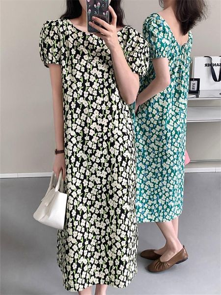 

summer fashion sweet print casual dresses florals elegant back lace-up short puff sleeve midi women ladies a-line long dress, Black;gray