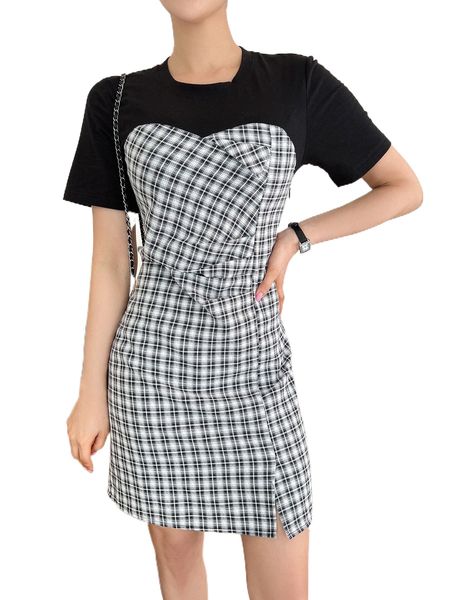 

dazy plaid ruched detail split hem 2 in 1 dress a2gf#, Black;gray