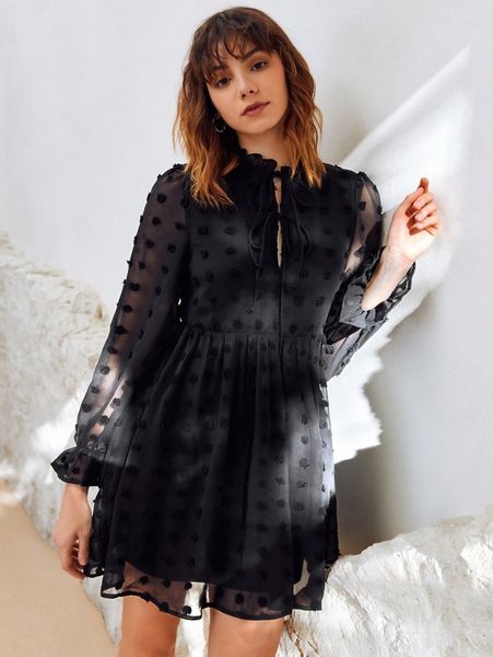 

swiss dot knot front flounce sleeve smock dress 23kj#, Black;gray