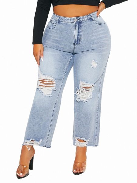 

plus high waist ripped raw cut straight leg jeans a925#, Blue